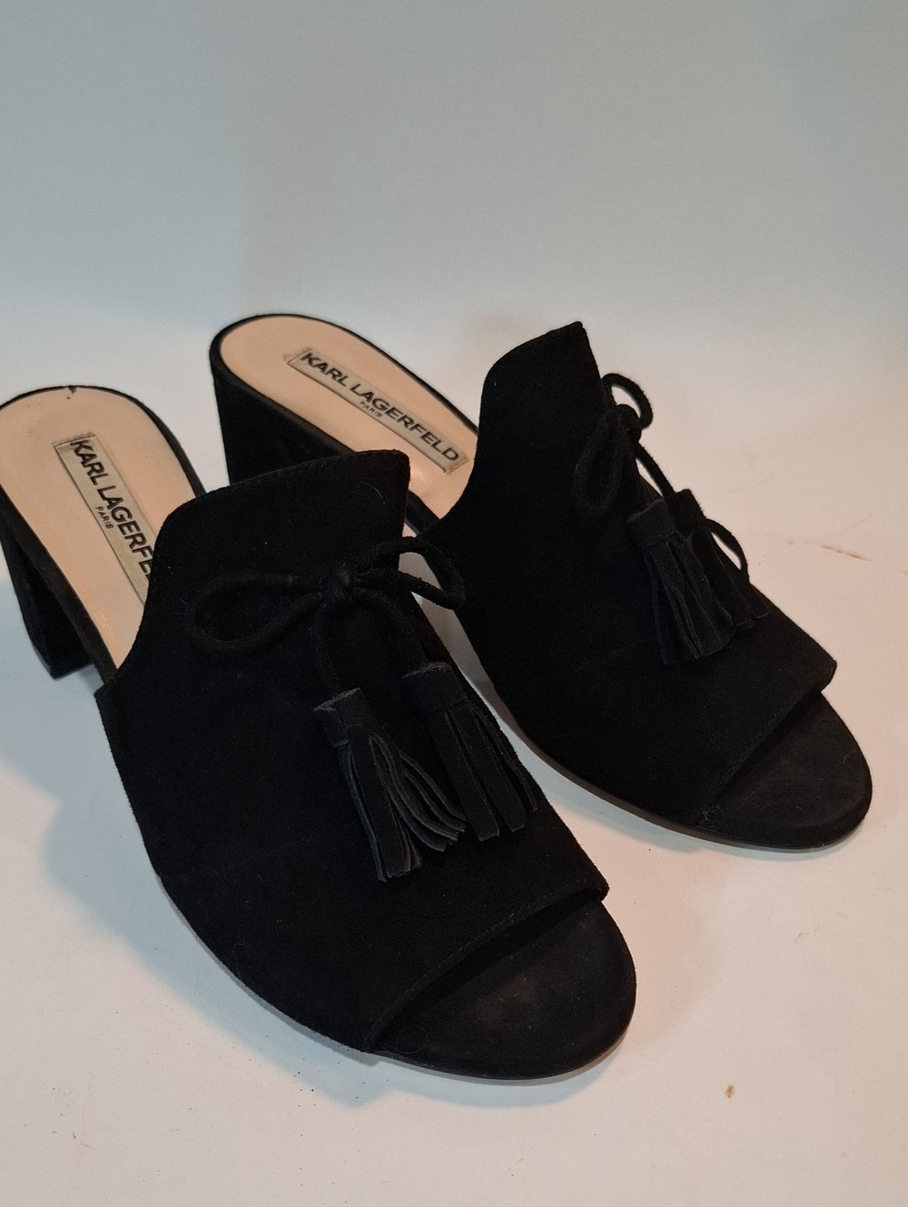Karl Lagerfeld Black Suede Tassel Open-Toe Mules